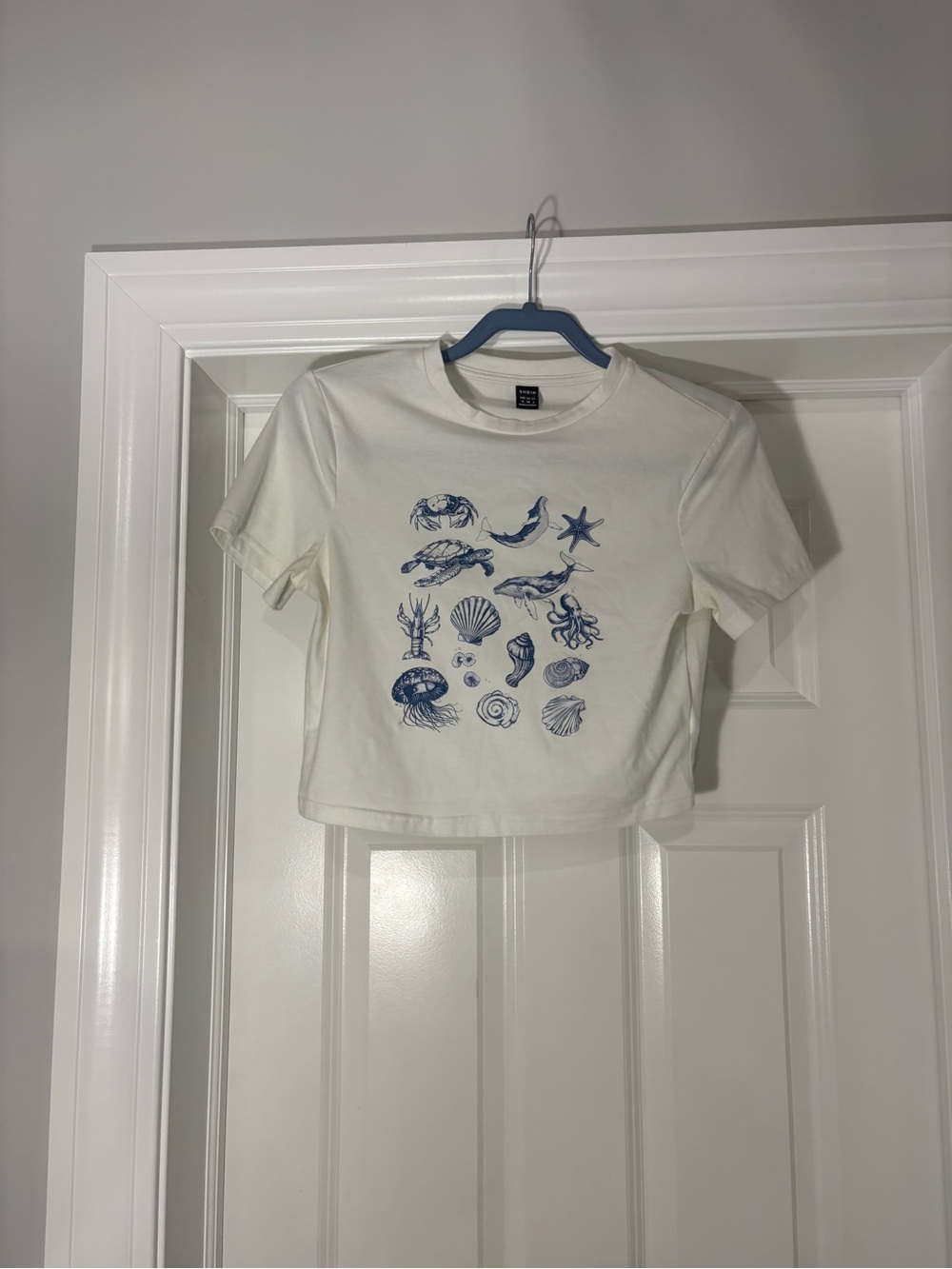 SHEIN White Tee with Blue Sea Creature Print